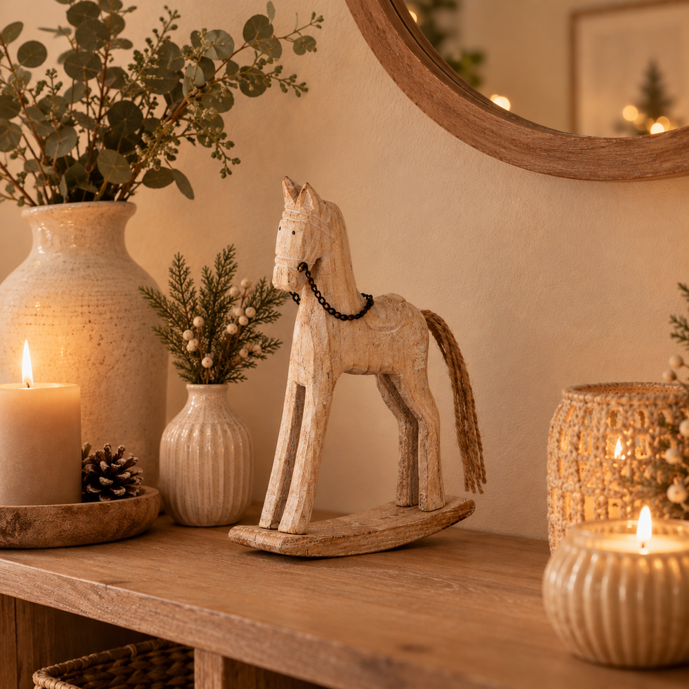 A rustic wooden rocking horse figurine with a black  neckpiece, displayed on a wooden console table in a warmly lit home setting with candles and vases.