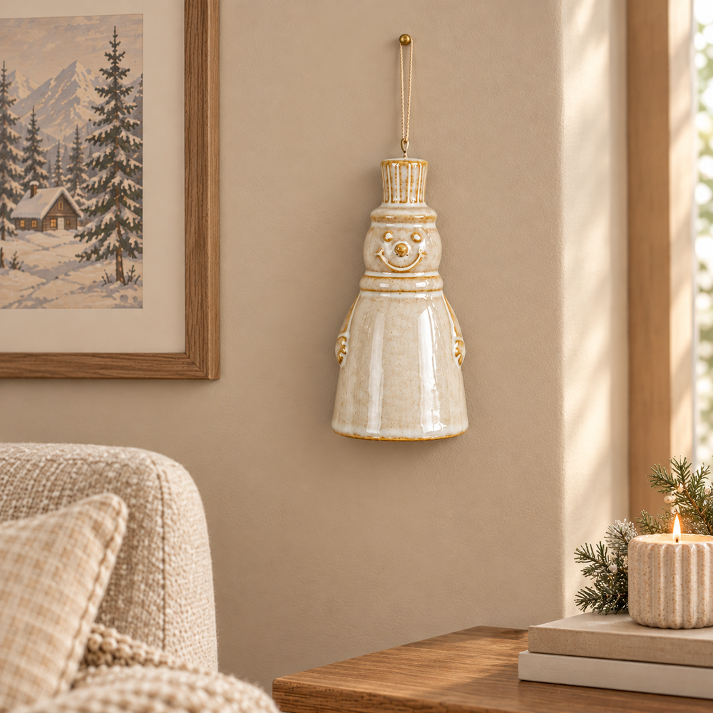 A ceramic snowman wall hanging with a textured cream glaze and gold accents, suspended from a gold hook on a beige wall in a cozy room setting.