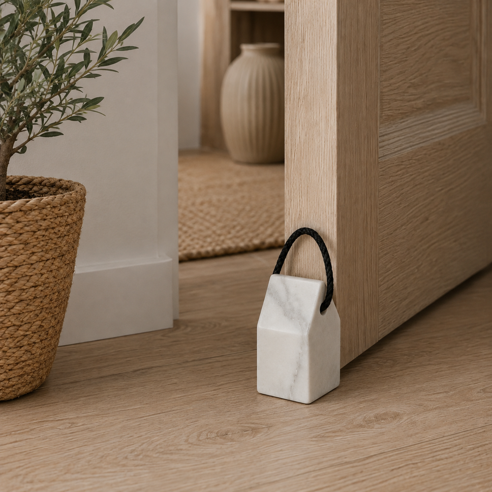 A small white marble house-shaped door stopper with a black cord, placed on a light wood floor next to an open wooden door in a home interior.