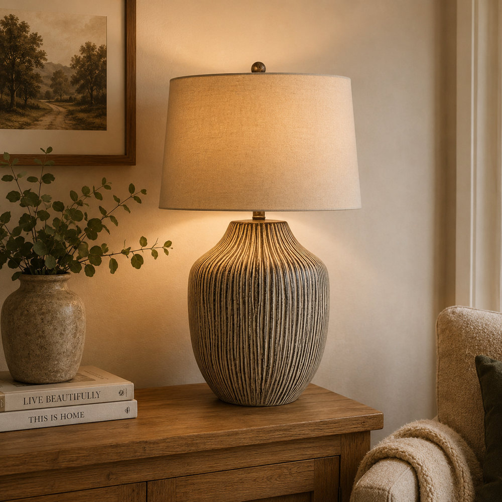 Ochre Carved Textured Ceramic Lamp
