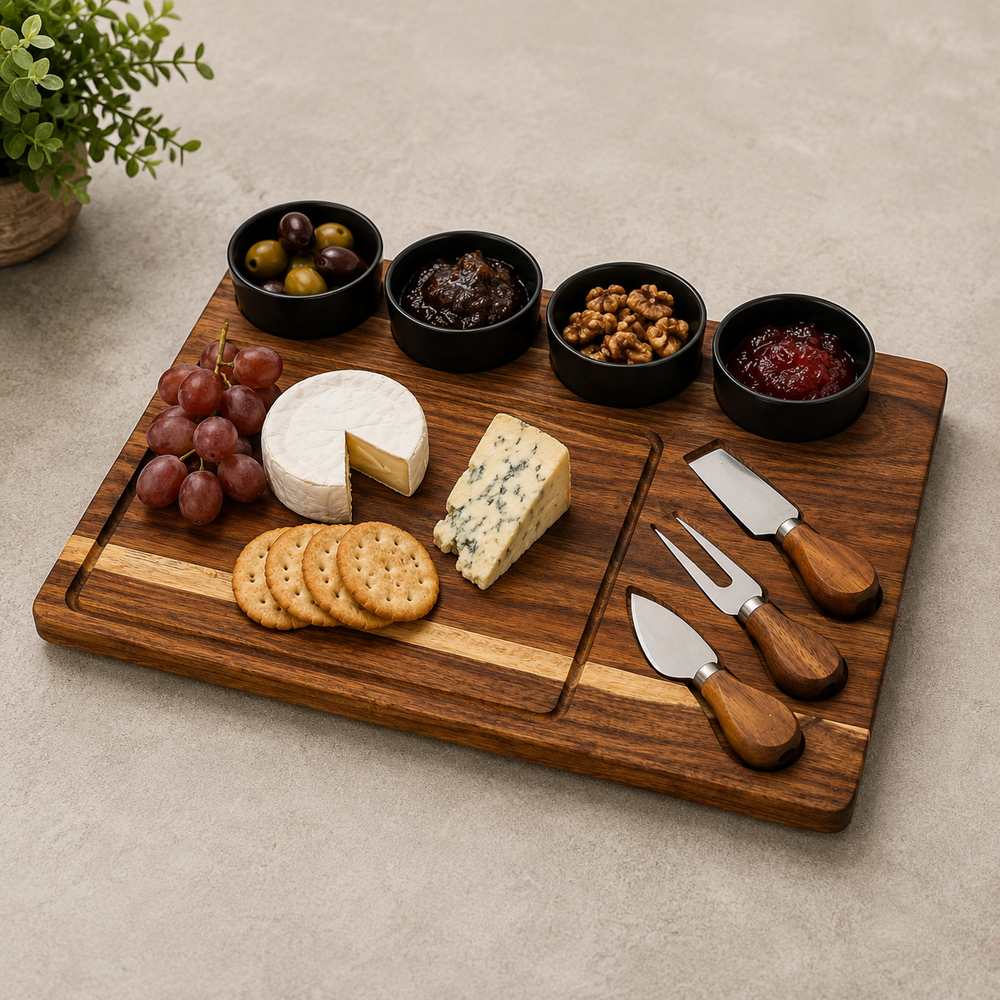Acacia Cheese Board Set with Grey Ceramic Bowls and Cutlery