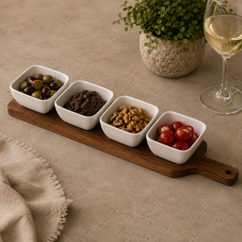 Acacia Serving Board with Four Ceramic Bowls