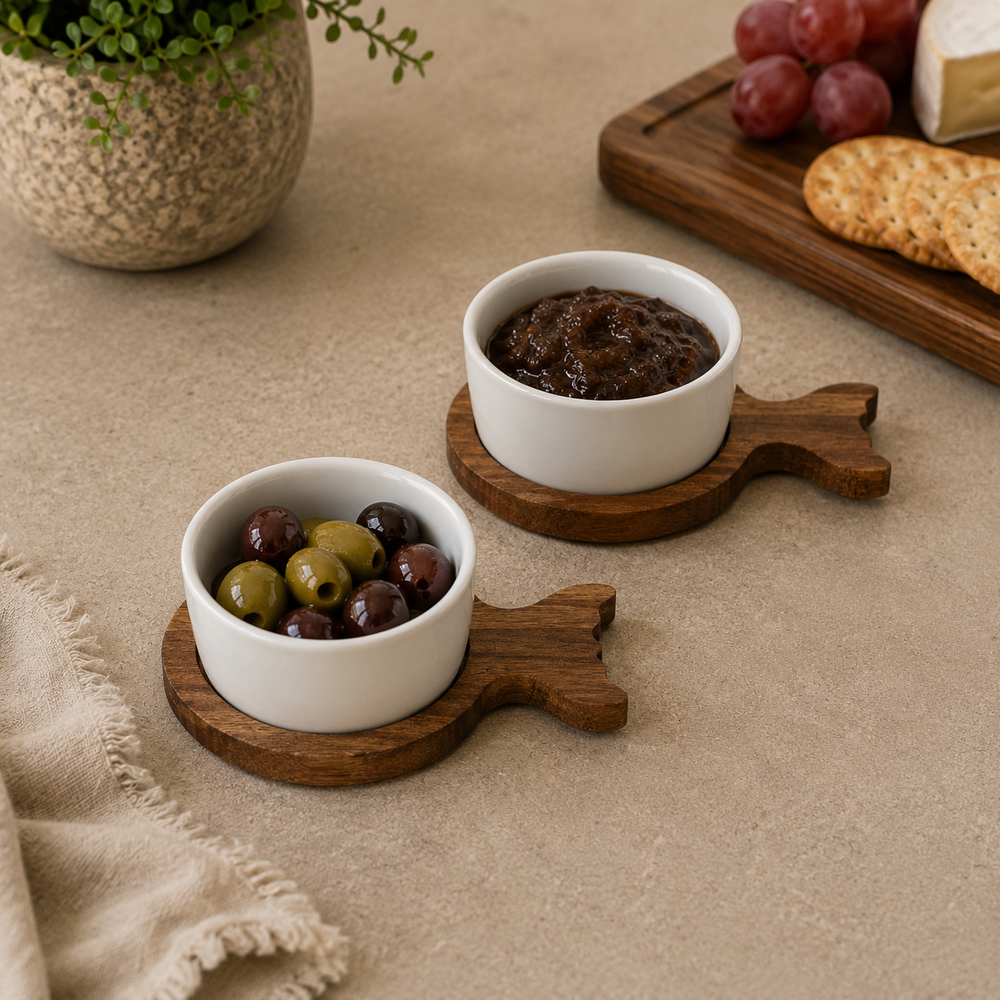 Set of 2 Acacia Fishtail Serving Trays with Ceramic Bowls