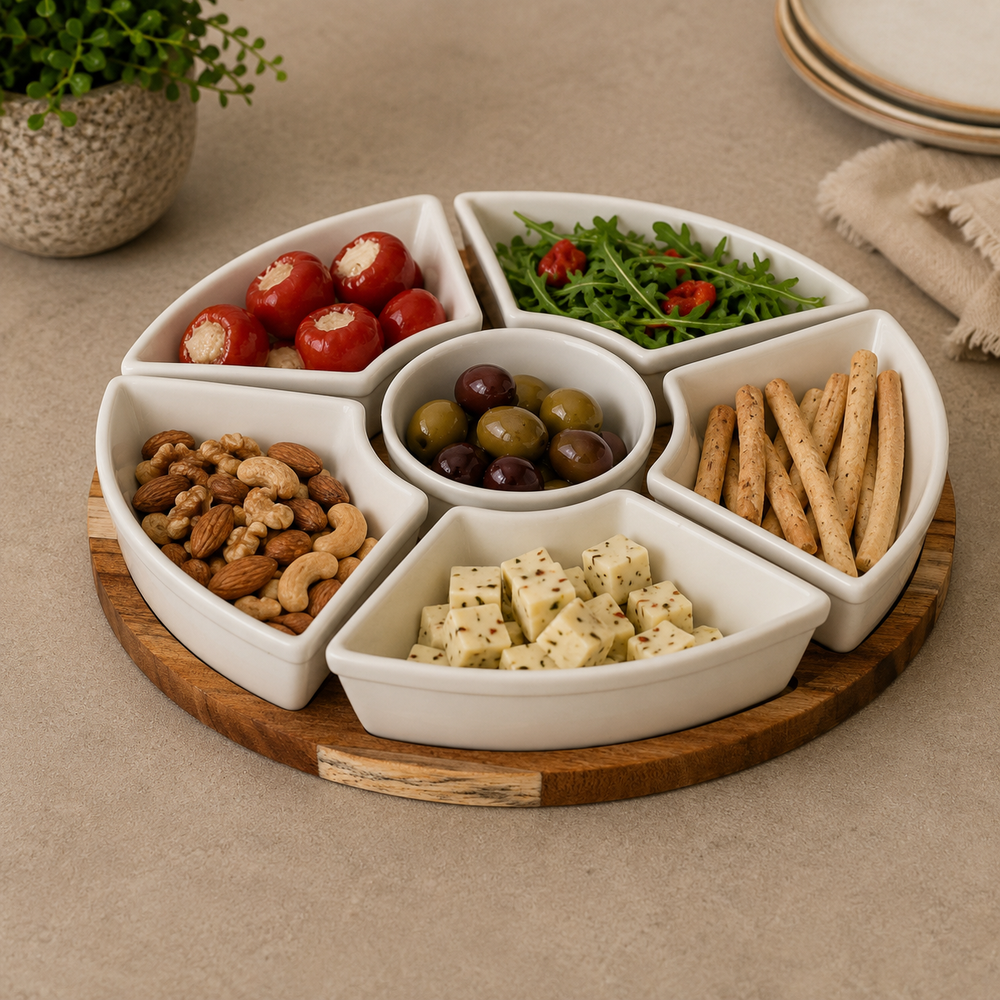 Acacia Lazy Susan with Ceramic Serving Bowls