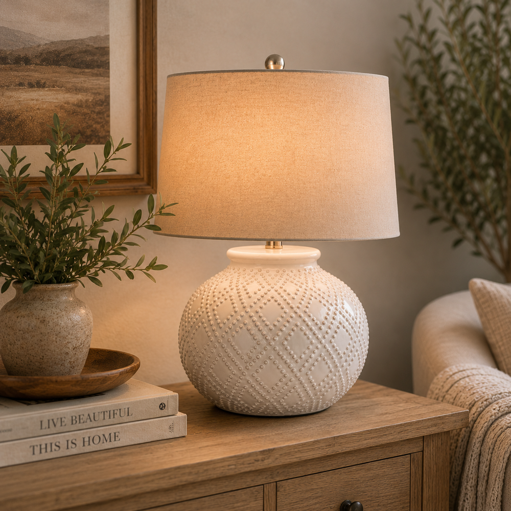 Squat White Beaded Ceramic Lamp