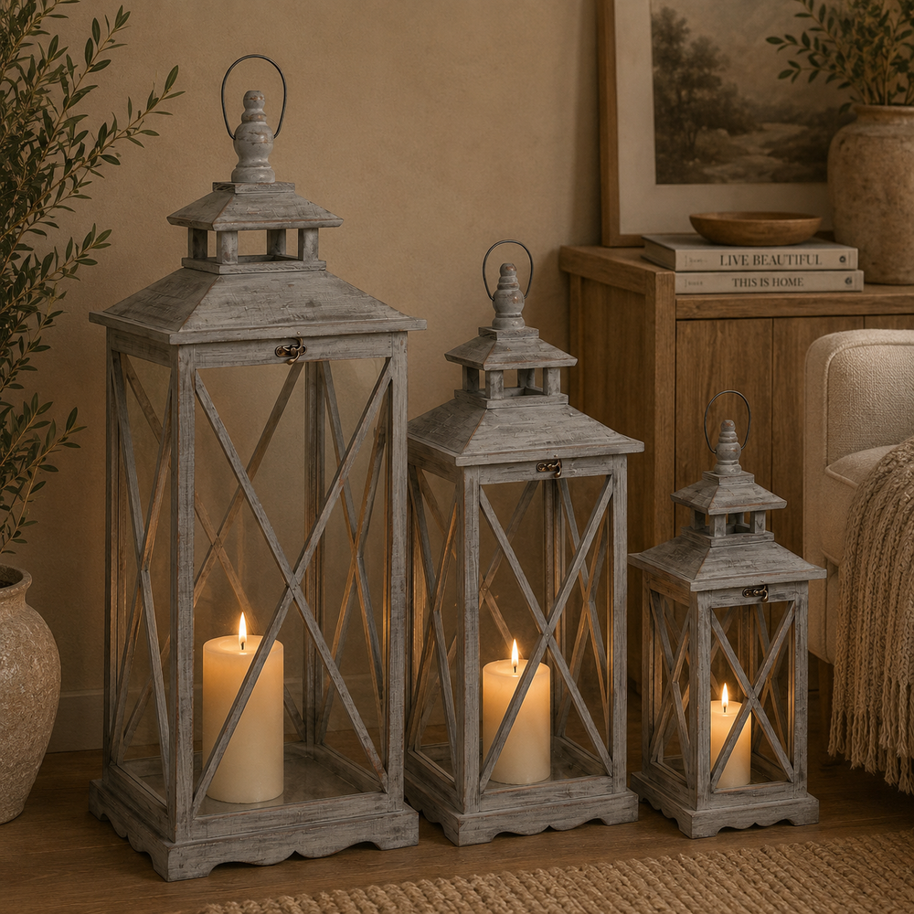 Set of Three Wooden Cross-Section Lanterns