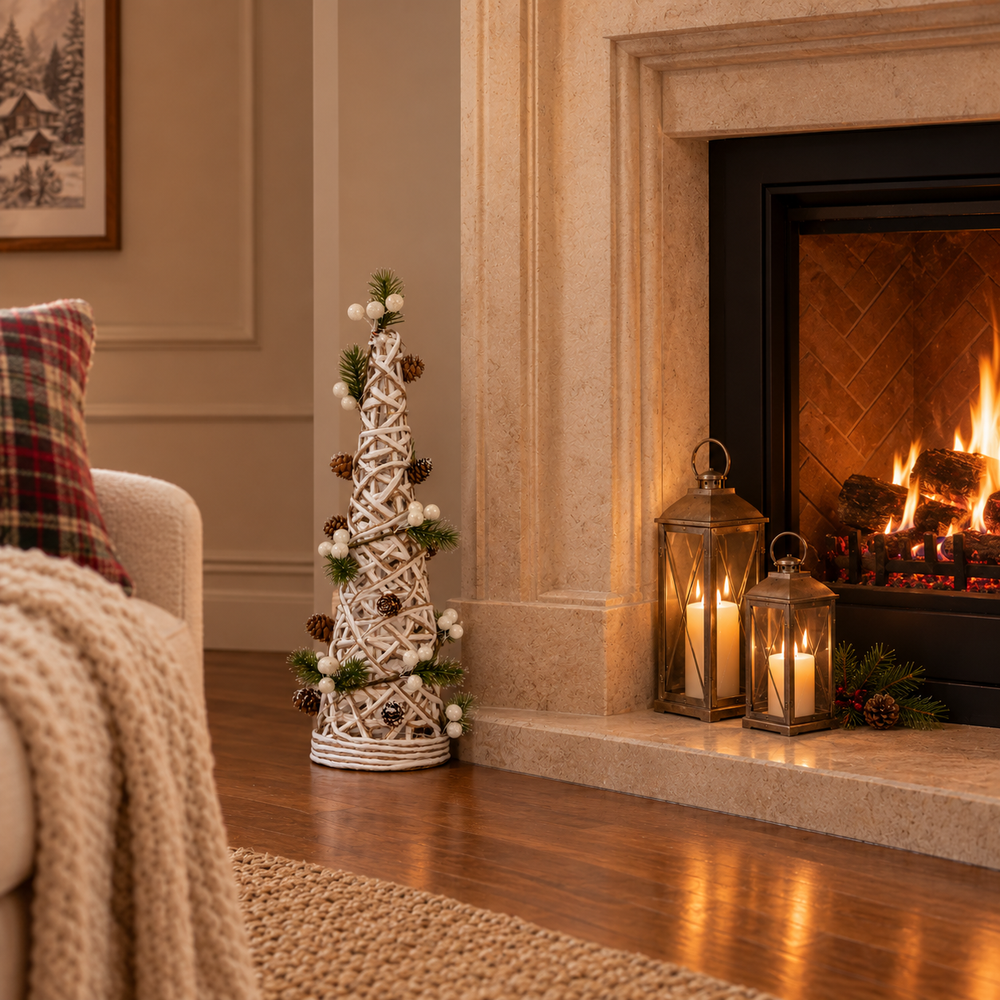 A decorative white rattan Christmas cone ornament with pinecones and white berries stands on a wooden floor beside a lit fireplace in a cozy living room setting.