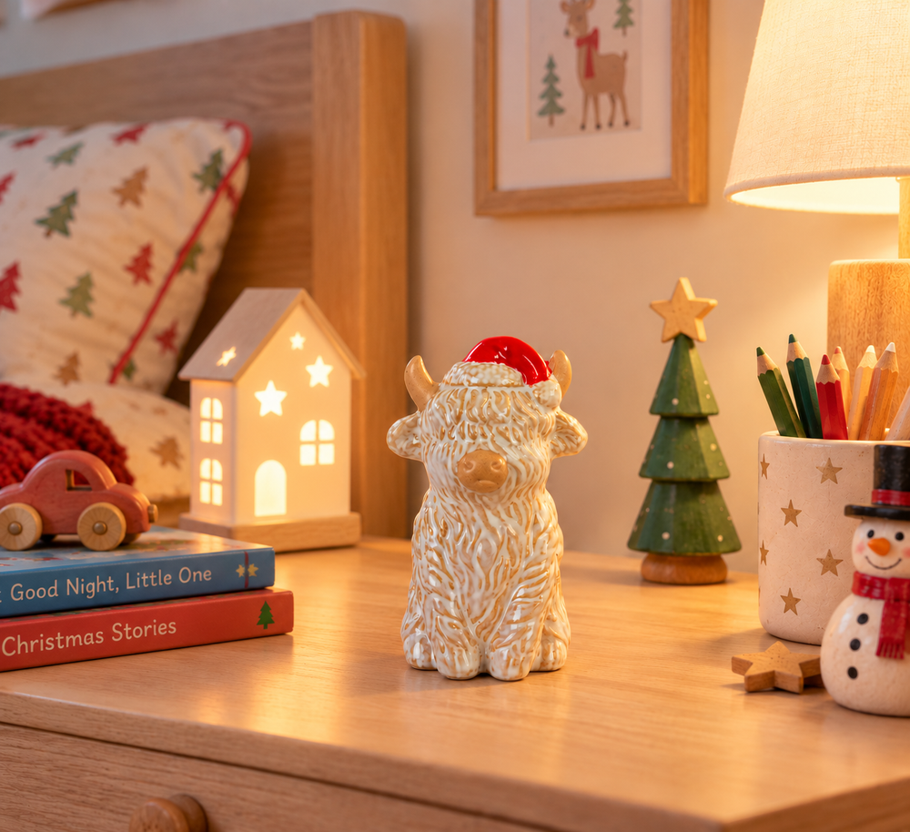 A sweet seated Highland cow with a textured cream and gold coat and a little red Santa hat, looking straight ahead.