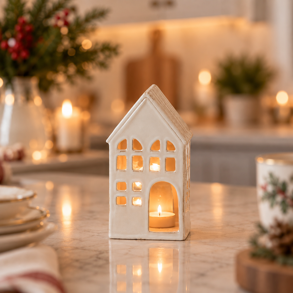 A small white ceramic house-shaped candle holder with cutout windows and an arched doorway, lit with a warm tea light candle inside, set on a marble countertop in a softly blurred kitchen setting.