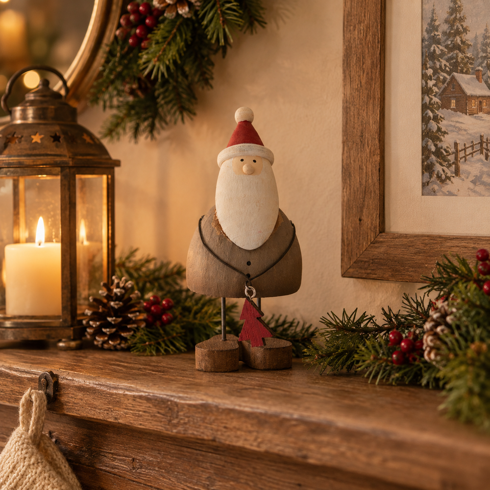 A rustic wooden Santa Claus figurine stands on a wooden mantel surrounded by holiday decorations, including a lit candle lantern, pinecones, evergreen garlands, and framed winter artwork.