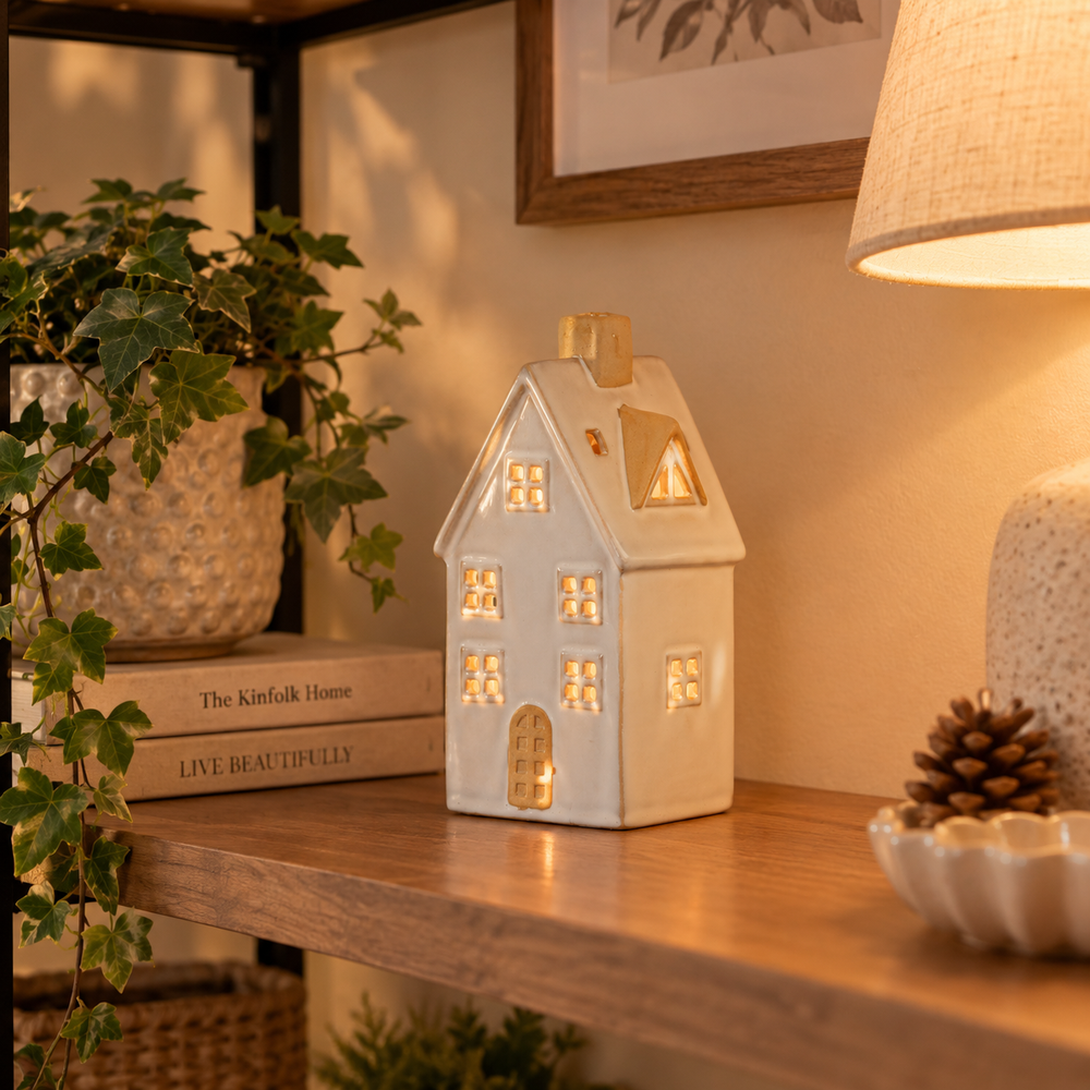 A small white ceramic house with warm yellow lights glowing from within, displayed on a wooden shelf in a cozy room setting next to a lamp and green plants.