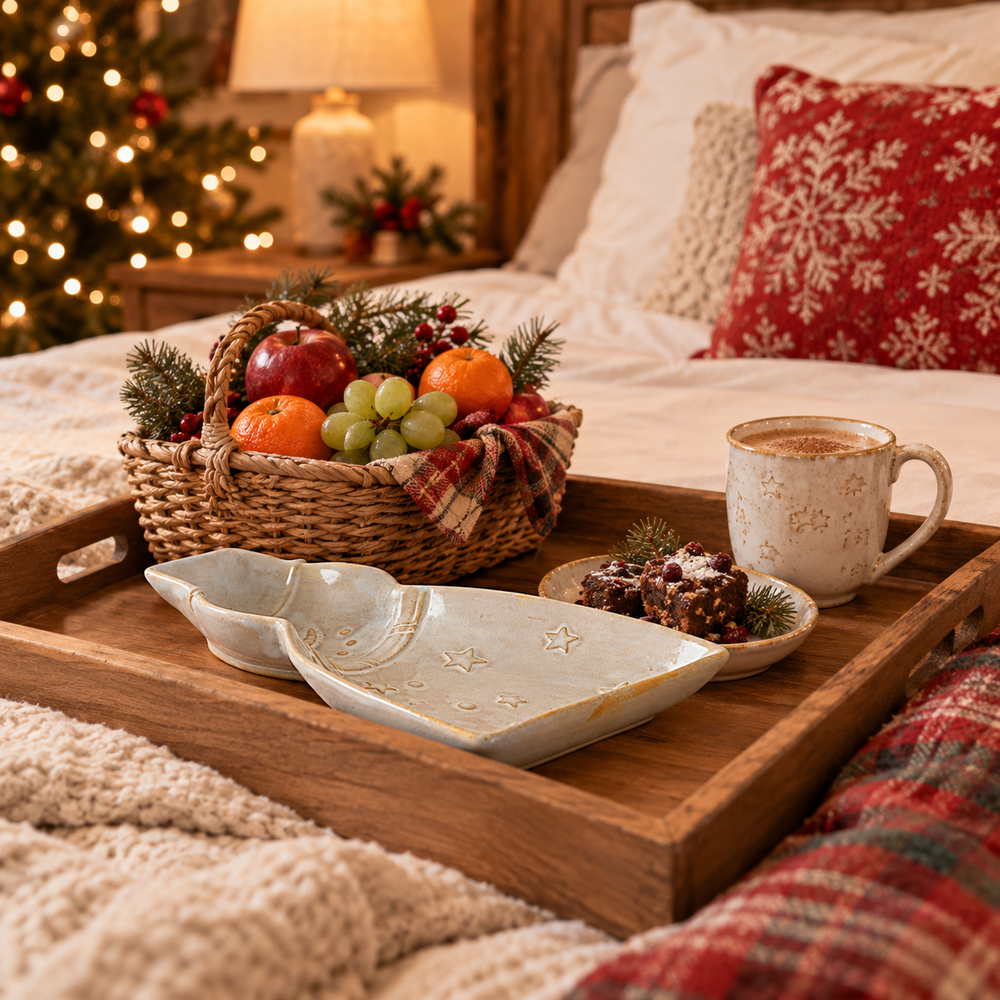 A wooden serving tray set on a cozy bed, holding a ceramic snowman shaped dish, a small plate with pinecones, and a mug. A woven basket of fruit and holiday greenery sits beside the tray.