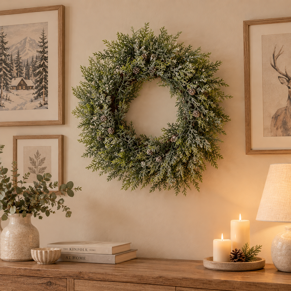 A green artificial wreath with pinecones hangs on a beige wall above a wooden console table styled with framed art, a vase, books, and candles.