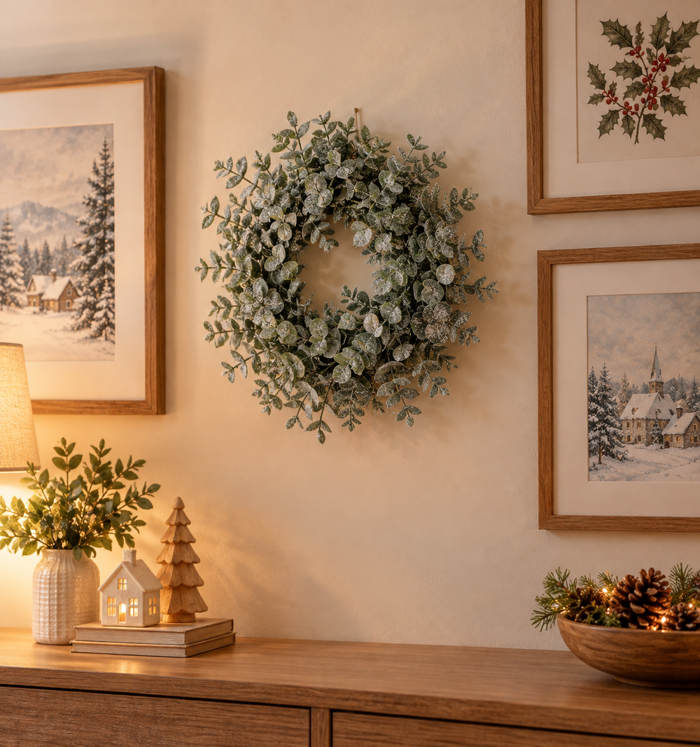A frosted green eucalyptus wreath hangs on a beige wall above a wooden console table decorated with framed winter landscape prints, a lamp, a small wooden house and tree ornament, and a bowl of pinecones.