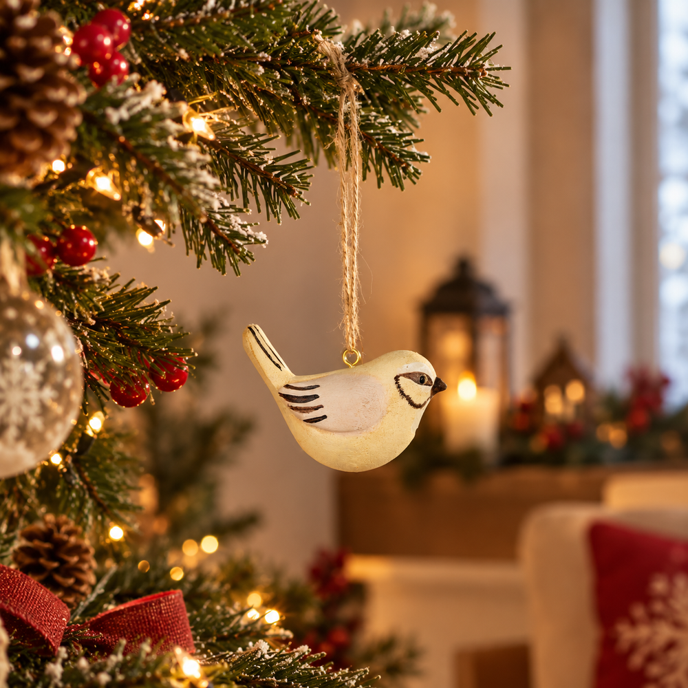 A small bird-shaped Christmas ornament hangs from a decorated evergreen tree branch with warm string lights and holiday decor in the background.