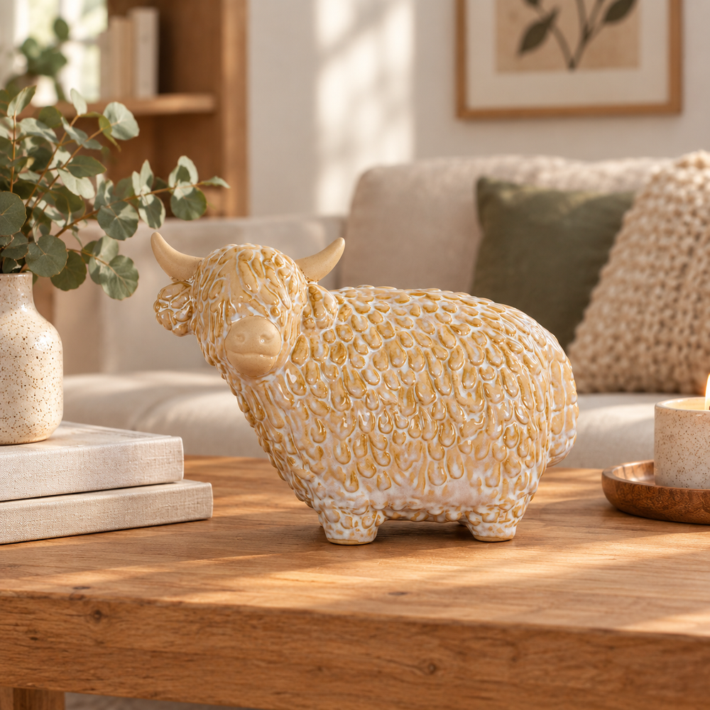 Large Alora Ceramic Highland Cow for christmas decor by Scandi Hygge for table