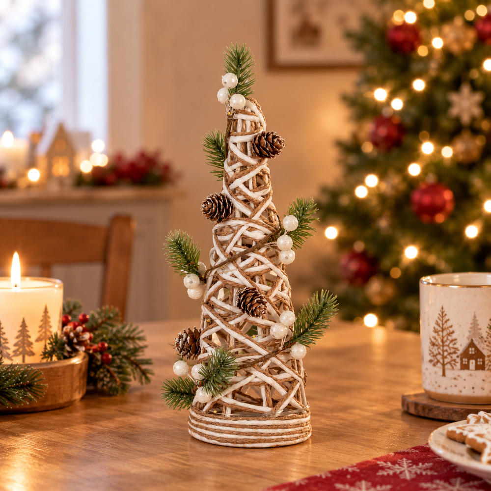 A decorative Christmas tree centerpiece made of rattan, adorned with faux green pine needles, white berries, and brown pinecones.