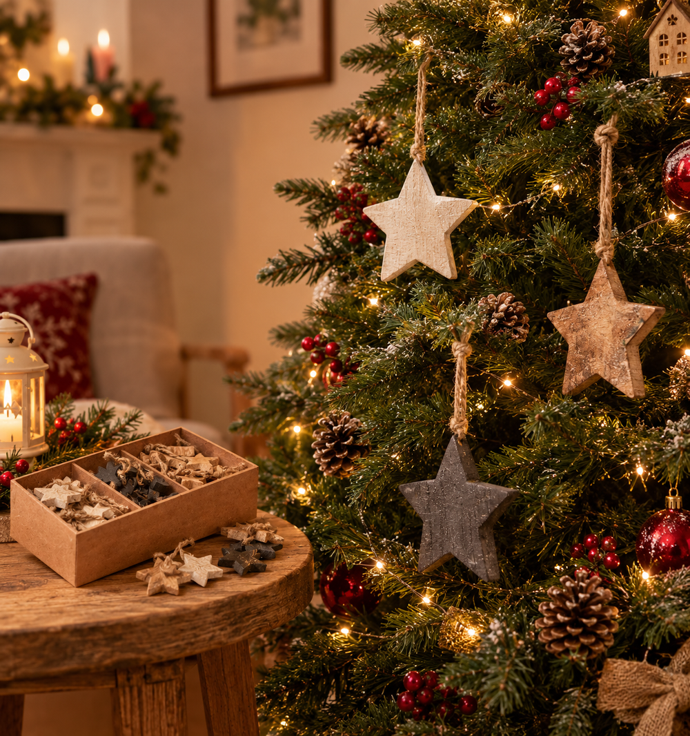 Wooden star hanging ornaments in 3 colours used in combination with pinecones, red berries, and warm string lights in a cozy living room setting. A small wooden box of star ornaments sits on a rustic table beside the tree.