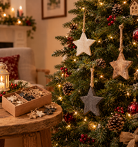 Wooden star hanging ornaments in 3 colours used in combination with pinecones, red berries, and warm string lights in a cozy living room setting. A small wooden box of star ornaments sits on a rustic table beside the tree.