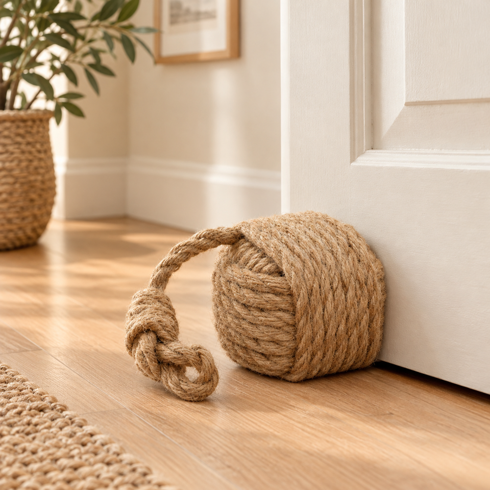 A natural jute rope door stopper with a knotted tail, resting on a light wood floor against a white door in a warm, neutral-toned room.