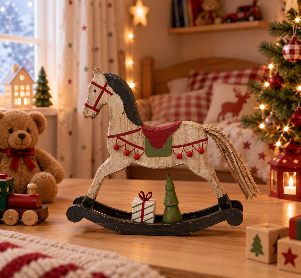 A rustic wooden rocking horse with a red saddle and decorative details.