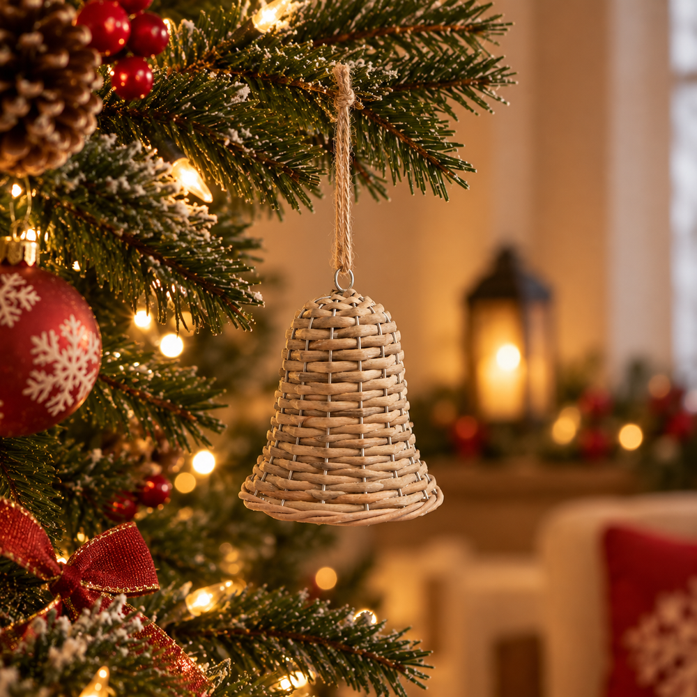 A natural woven wicker Christmas bell ornament hanging from a decorated Christmas tree branch with warm lights and red ornaments in the background.