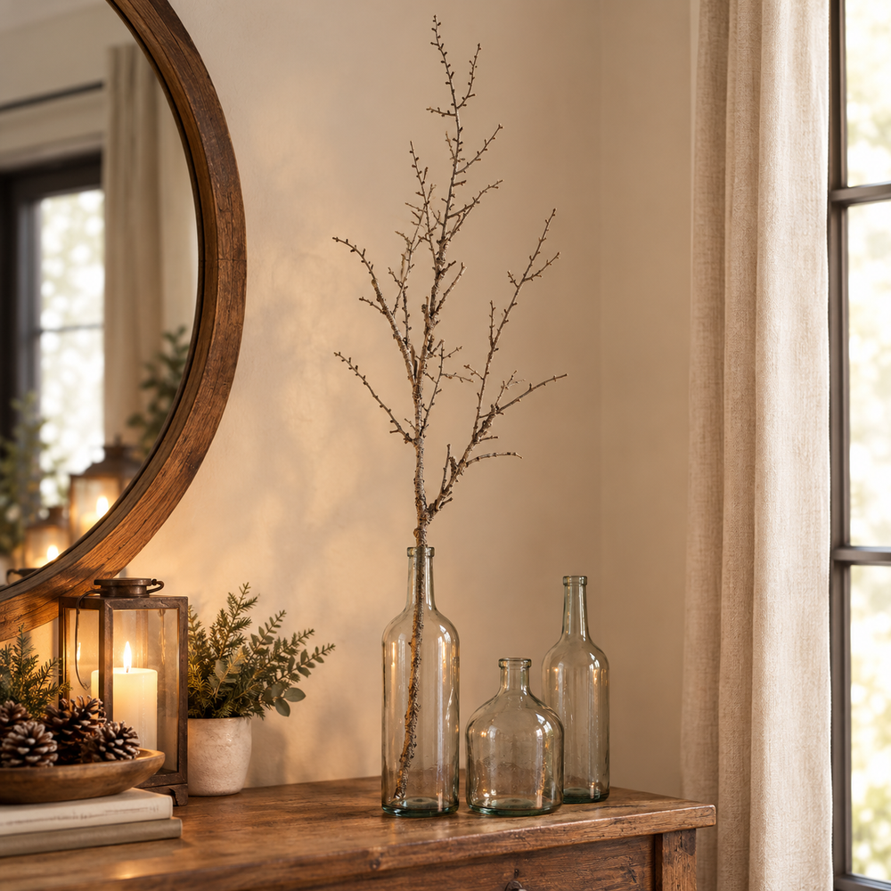 Three clear glass bottle vases of different shapes and sizes arranged on a rustic wooden console table in a warmly lit room. The tallest vase holds a delicate twig branch, with a lit lantern, small potted plant, and a large round mirror reflected on the left, and a window with beige curtains on the right.