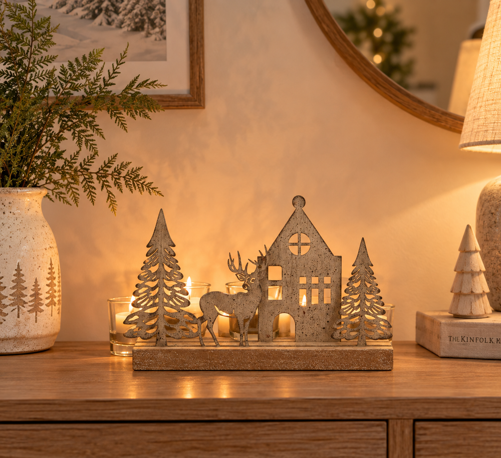 A decorative metal holiday village set featuring a small house, two trees, and a deer, displayed on a wooden console table with candles, a lamp, and a vase in a warmly lit room.