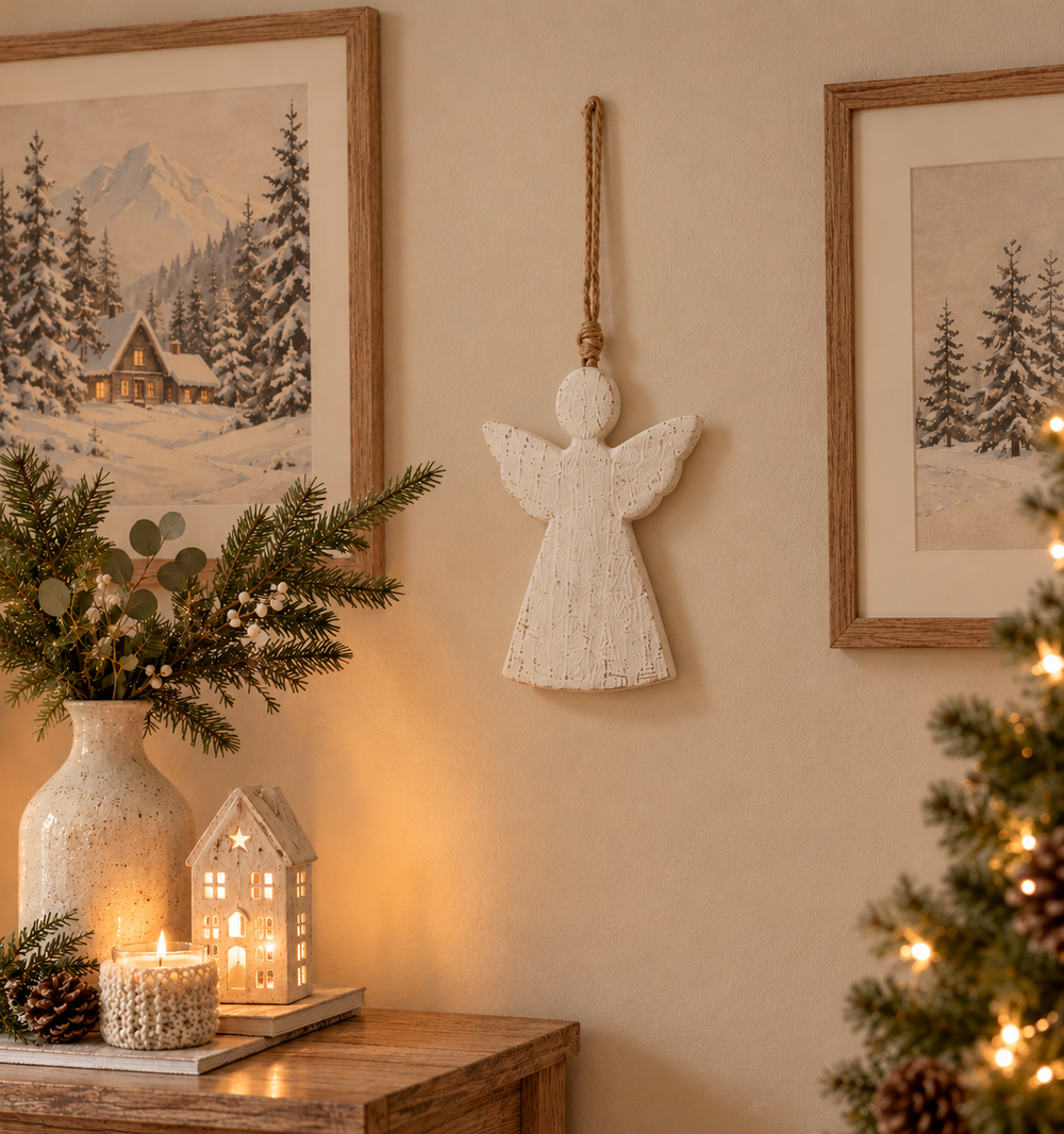 A white textured hanging angel ornament hangs on a warm beige wall above a wooden table styled with a lit candle, a vase of greenery, framed winter landscape prints, and a Christmas tree with warm lights.
