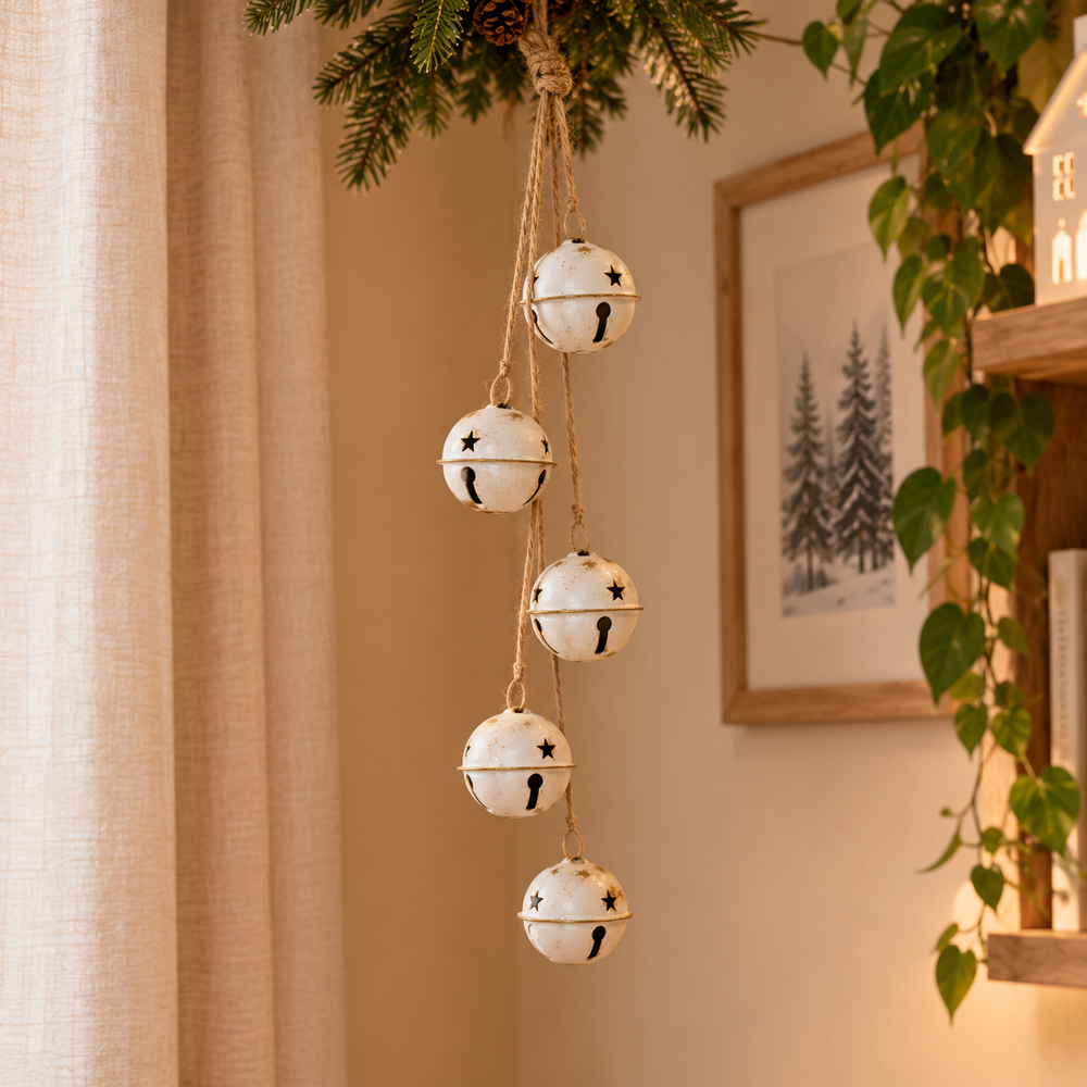 A hanging decorative set of twelve white bells suspended by natural jute rope, decorated with small black stars and silhouettes,