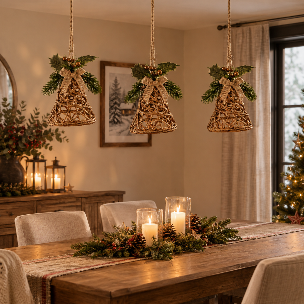 Three woven cone-shaped hanging ornaments with green pine garlands and beige ribbon bows are displayed in a warm, decorated dining room above a wooden table with candles.