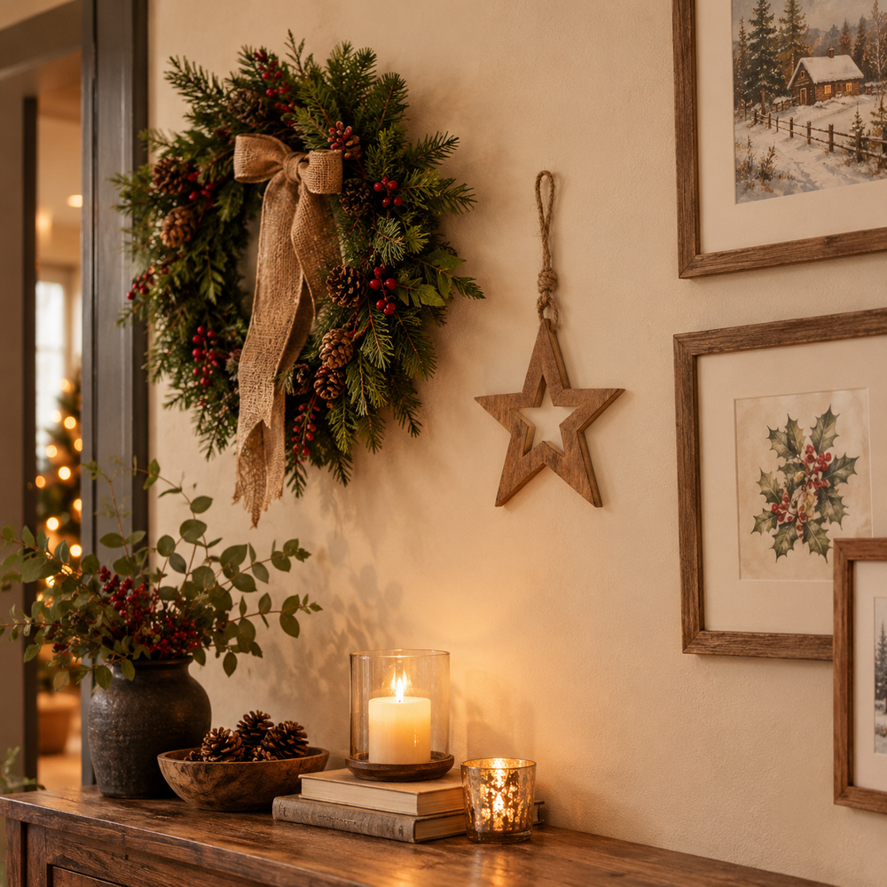A wooden star with festive green wreath hangs on a beige wall above a wooden console table with candles, books, pinecones, and framed winter artwork.