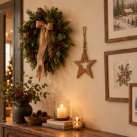 A wooden star with festive green wreath hangs on a beige wall above a wooden console table with candles, books, pinecones, and framed winter artwork.