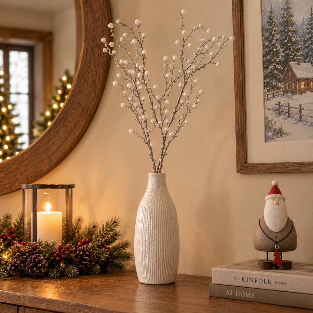 A ribbed off-white ceramic vase holding decorative branches with small white berries, styled on a wooden console table in a warm holiday setting with a candle, greenery, a framed print, and a Santa figurine.
