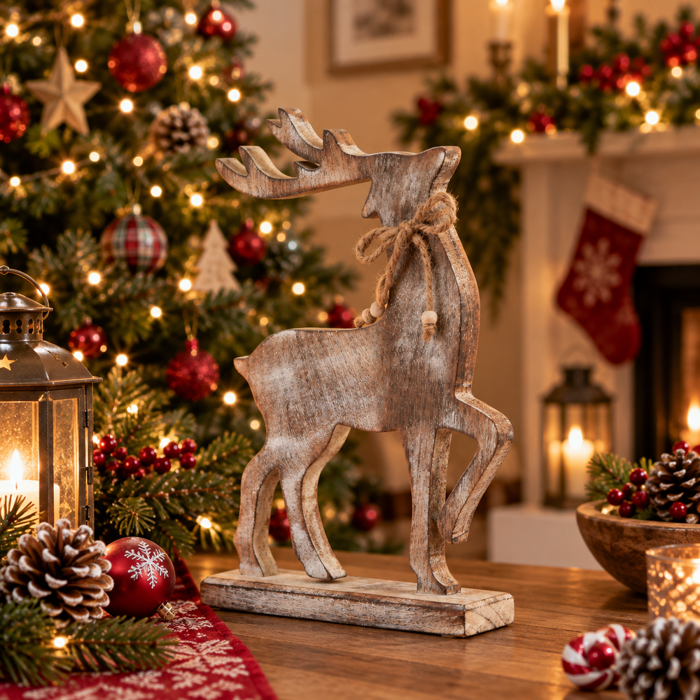 A rustic wooden reindeer figurine with antlers and a rope bow stands on a matching base on a wooden table, set against a warm, decorated Christmas tree and fireplace background.