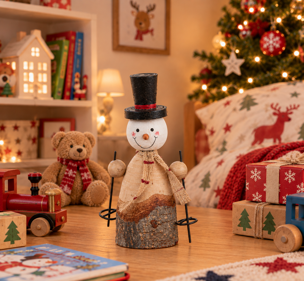 A decorative snowman figurine stands on a wooden surface in a cozy holiday room setting, with a teddy bear, toy train, wrapped gifts, and a Christmas tree in the background.