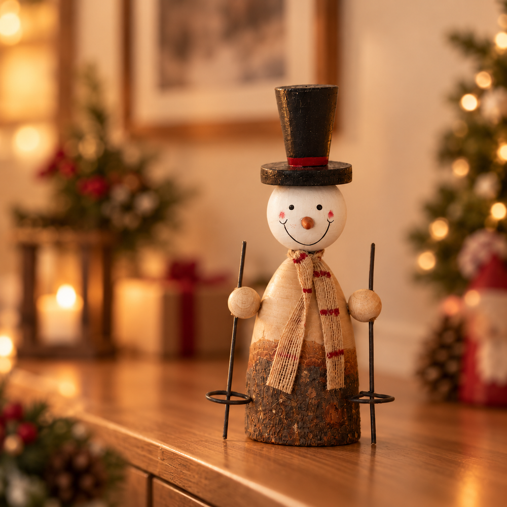 A wooden snowman holiday decoration standing on a wooden surface, wearing a black top hat with a red band, a beige scarf, and holding black metal ski poles. The background is a warm, softly blurred Christmas scene with lights and decorations.