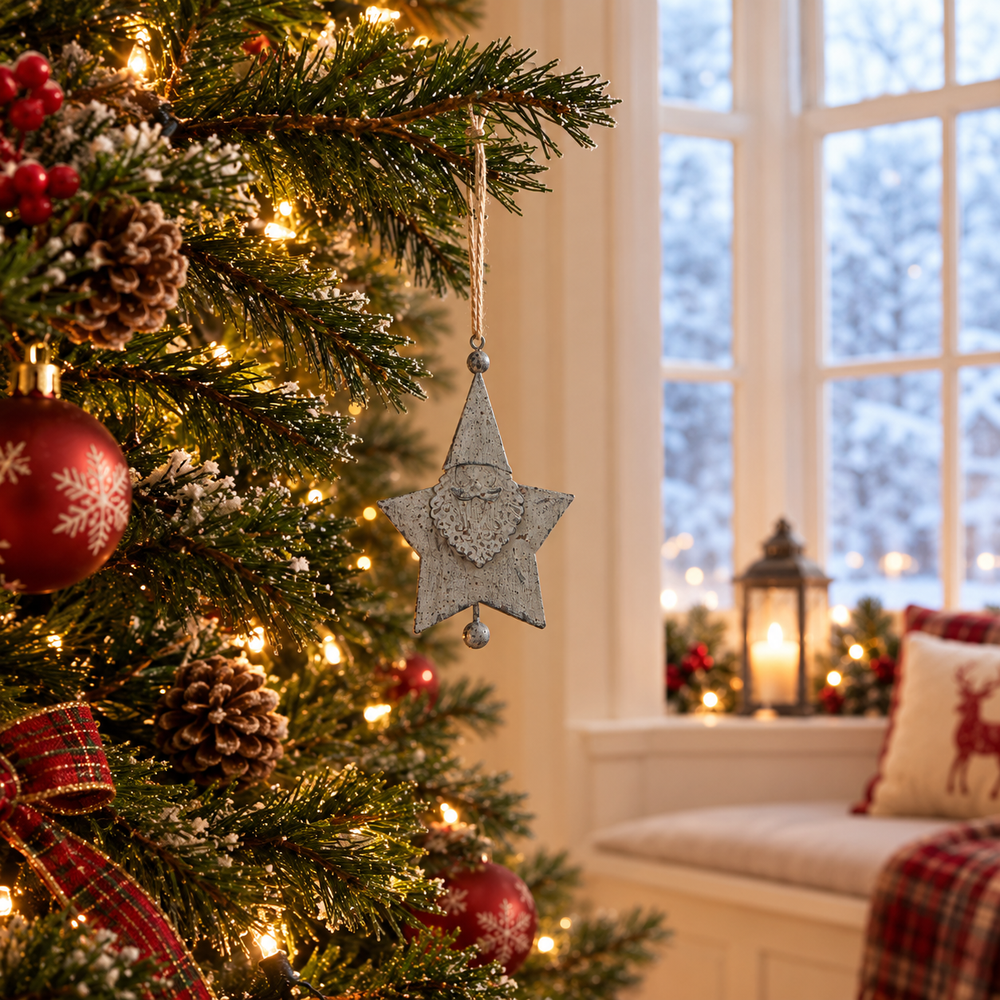 A rustic silver metal star Christmas ornament hangs from a decorated Christmas tree branch in a cozy, warmly lit room with a window and snow-covered outdoor view.