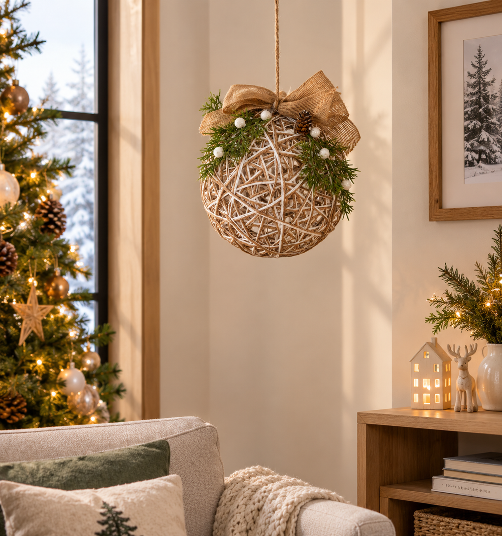 A hanging rattan woven ornament decoration with a burlap bow, green pine garland, and small white berries.