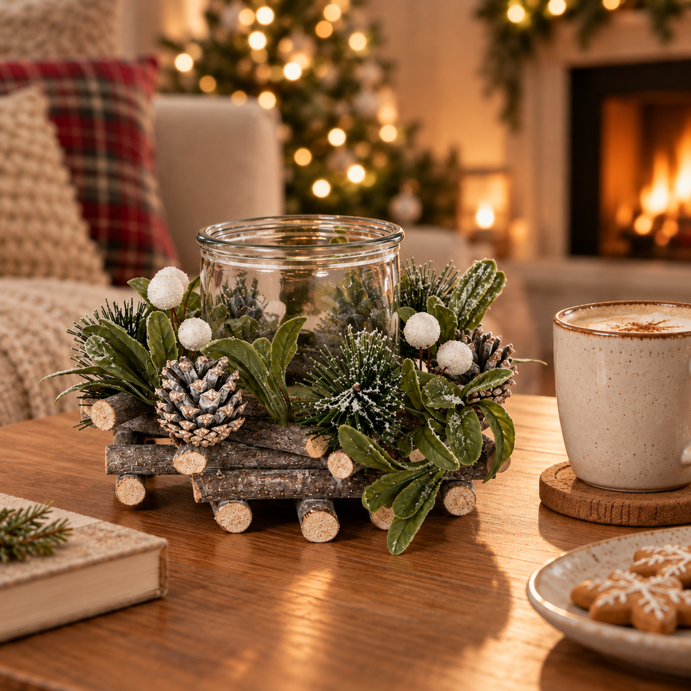 A festive Christmas tabletop centerpiece featuring a rustic log base, green foliage, faux pinecones, white berries, and a clear glass jar candle holder, styled on a wooden table in a cozy living room with a fireplace and warm lights in the background.
