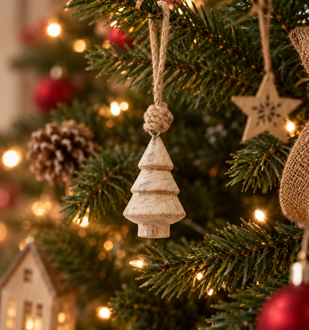 A small rustic wooden Christmas tree ornament hanging from a green Christmas tree branch with warm string lights and bokeh in the background.
