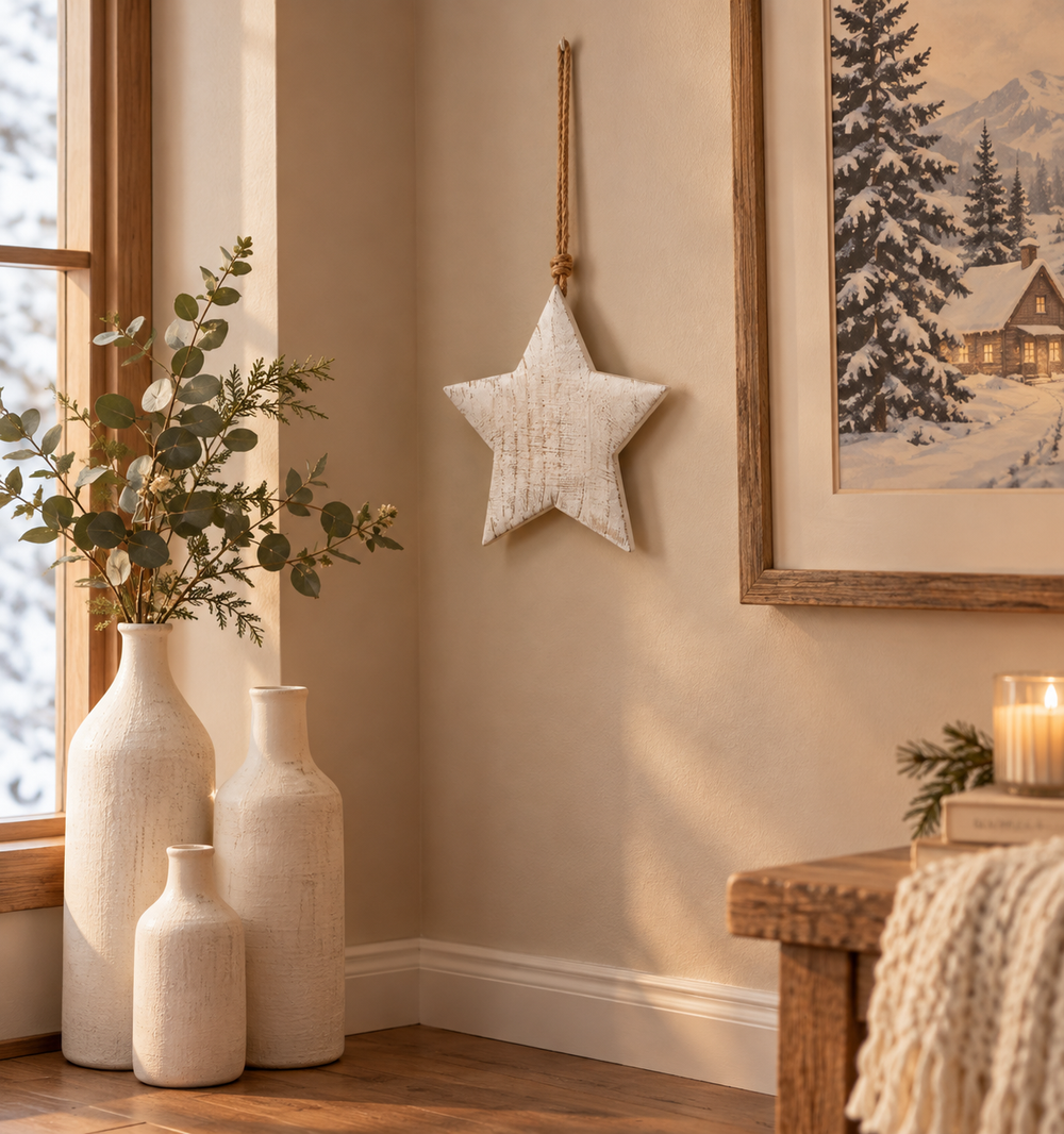 A rustic white distressed star wall hanging suspended by a rope from the corner of a warm beige room, with three textured cream vases, a framed winter landscape print, and a candle on a wooden table nearby.