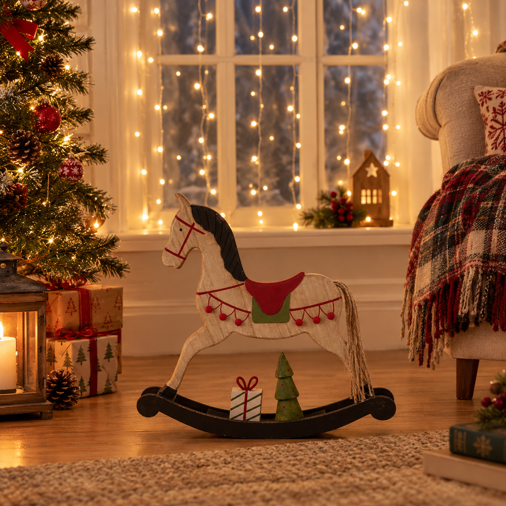A wooden rocking horse with a cream body, black mane and base, red saddle, and green belly decoration, styled in a cozy holiday living room next to a Christmas tree, window with string lights, and a plaid armchair.