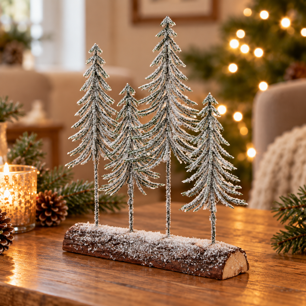 A decorative set of four small frosted pine trees standing on a log-shaped base.